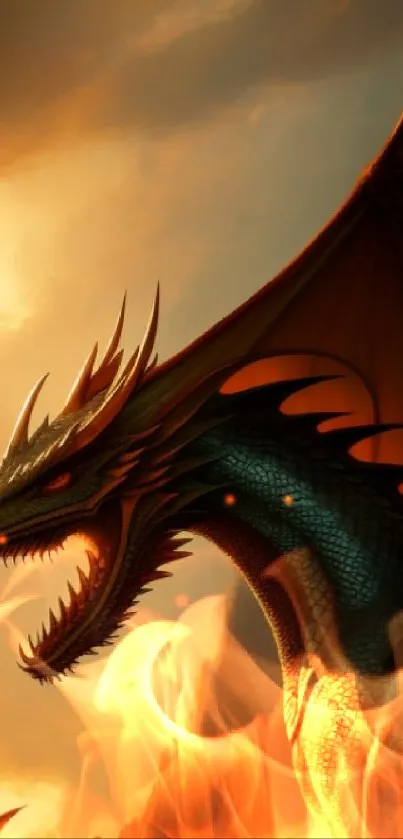 Majestic dragon in a sunset-lit sky, perfect fantasy wallpaper.