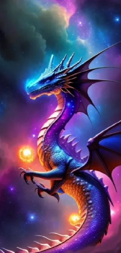 Vibrant mystical dragon in a cosmic scene wallpaper.