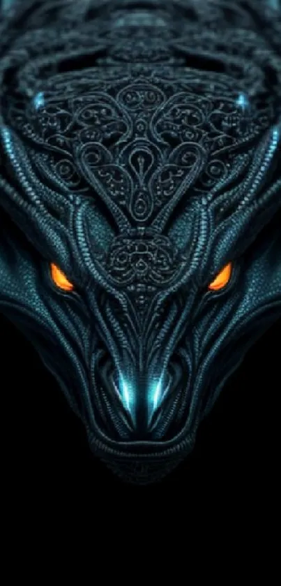 Dark teal dragon wallpaper with glowing eyes and intricate patterns.