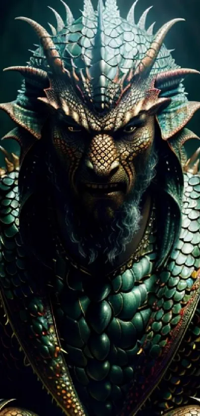 Dragon warrior with mystical armor in detailed dark green scales.