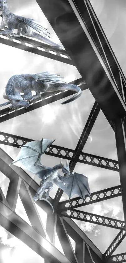 Dragons gracefully flying above steel beams in a mystical, grayscale scene.