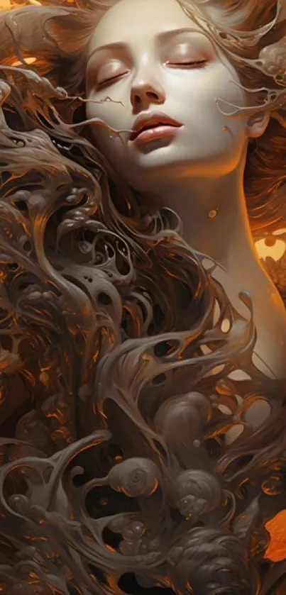 Surreal art of woman with abstract flowing hair in warm tones.