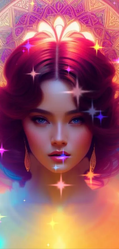 Mystical dream girl with vibrant colors and starlit background.