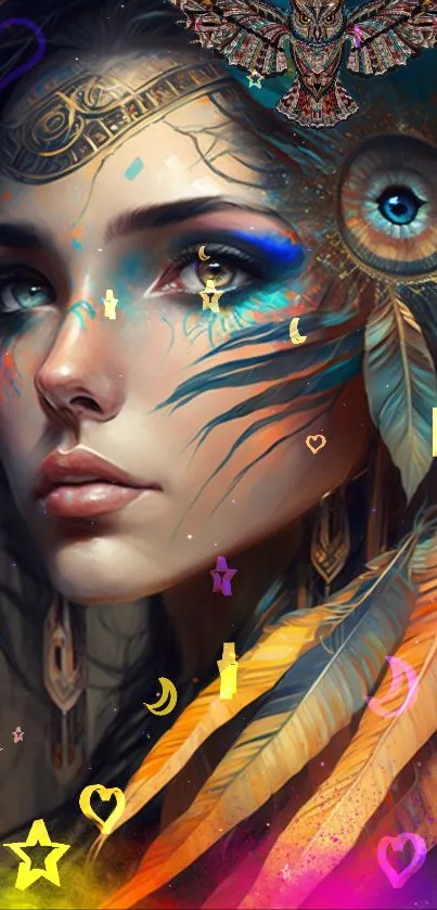 A mystical dreamcatcher art piece with vibrant colors and celestial themes.