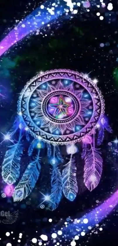 Dreamcatcher with cosmic galaxy background and colorful feathers.