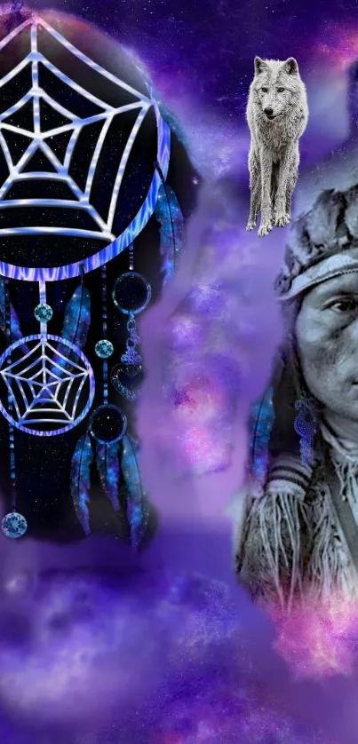 Mystical dreamcatcher and wolf in a purple galaxy-themed wallpaper.