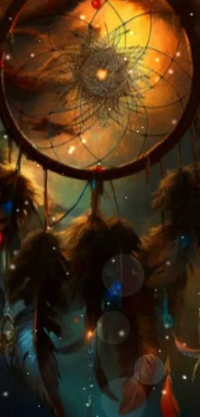 Mystical dreamcatcher with feathers on dark brown background.