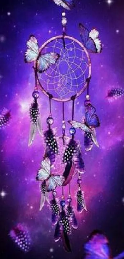 Dreamcatcher with butterflies against a purple galaxy backdrop for mobile wallpaper.