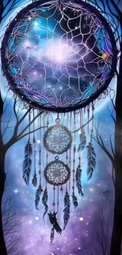 Mystical dreamcatcher with blue hues and starry night background.