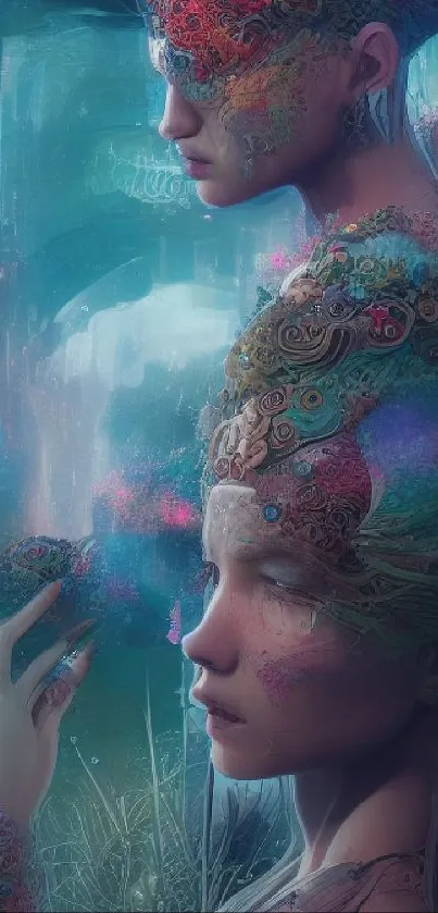 Mystical dreamscape art with intricate patterns and aqua tones.