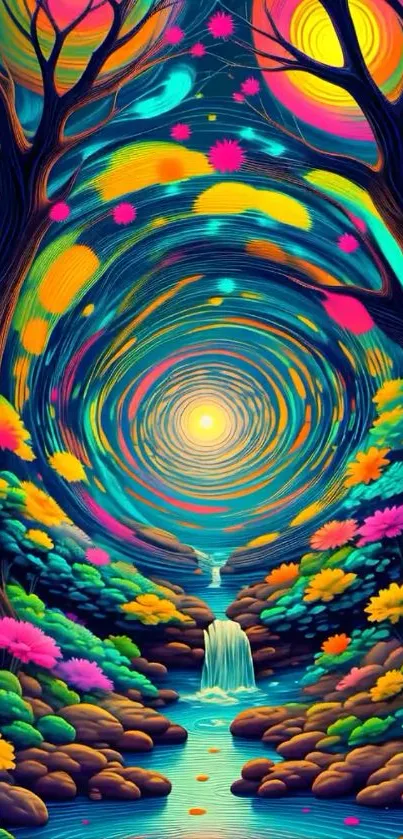 Vibrant psychedelic forest art with swirling colors and mystical elements.
