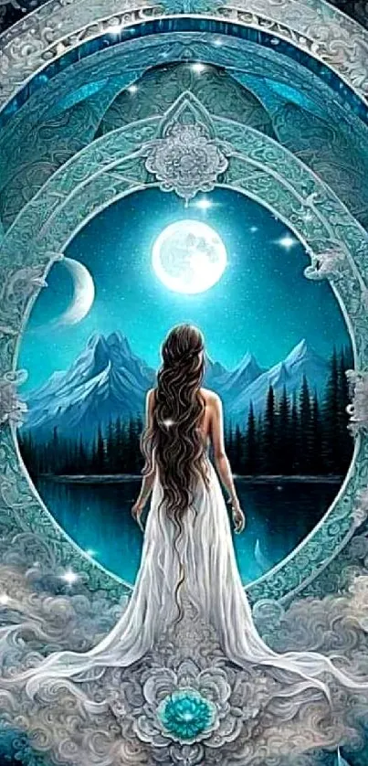 Ethereal figure in a mystical moonlit landscape.