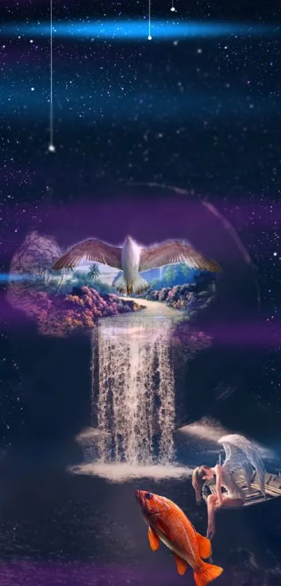 Mystical wallpaper with waterfall, bird, and fish on a cosmic background.