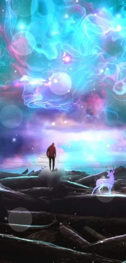 A mystical dreamscape with a glowing sky, lone figure, and serene lake.