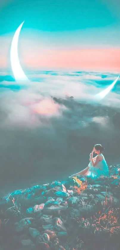 Serene figure under crescent moon in dreamscape.