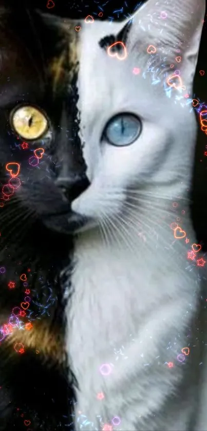 A stunning black and white cat duo with colorful heart patterns.