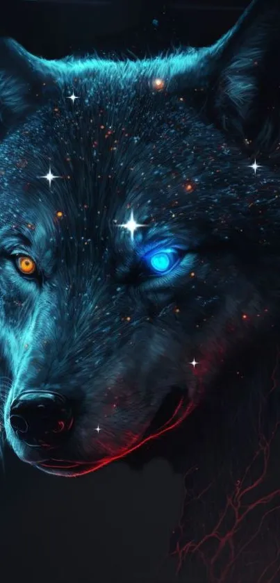 Mystical wolf with colorful eyes and stars on a blue cosmic background.