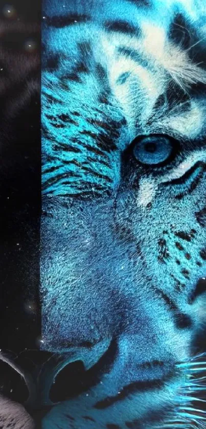 Dual-faced mystical tiger art with blue and orange glowing hues.