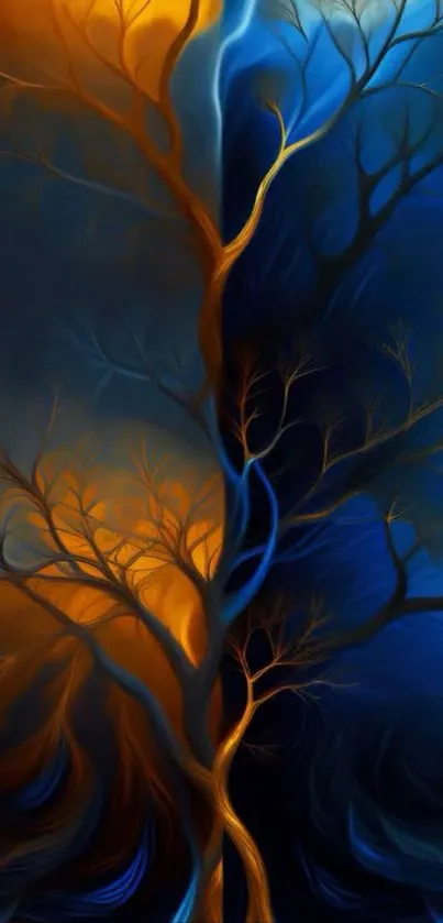 Mystical tree wallpaper in blue and orange hues.