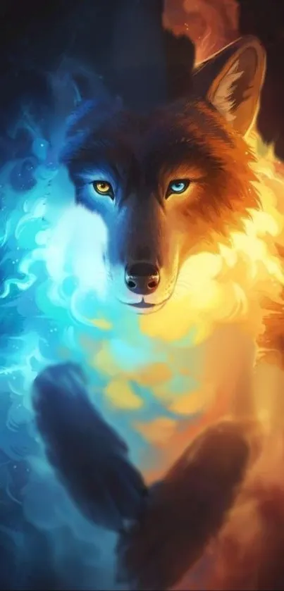 Vibrant mobile wallpaper featuring fire and ice wolves in mystical harmony.