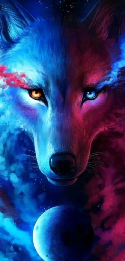 Mystical wolf in cosmic backdrop with vibrant blue and red colors.