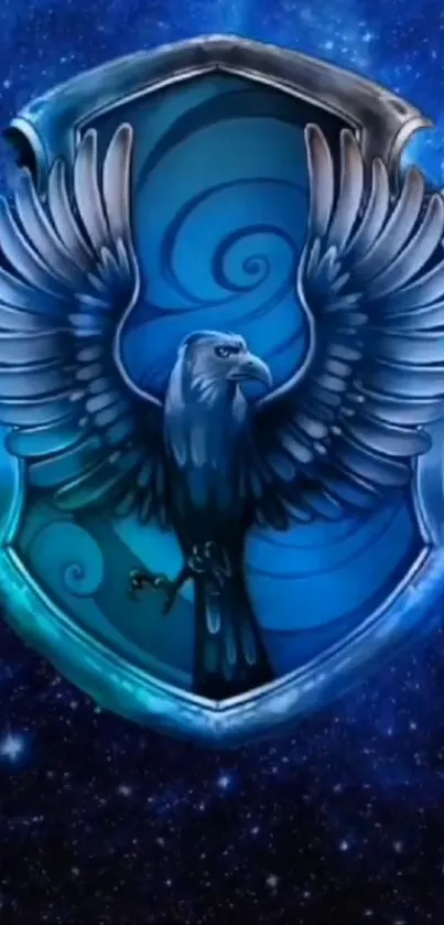 Illustrated eagle on a cosmic shield background.