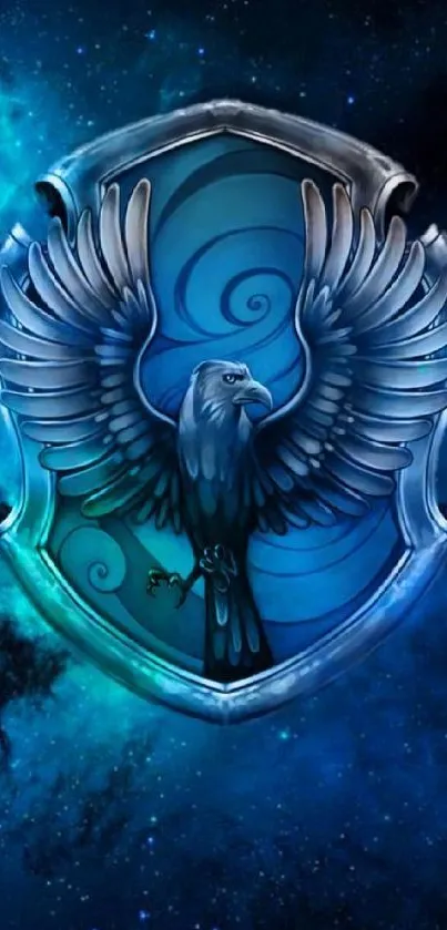 Mystical eagle shield with vibrant blue hues.