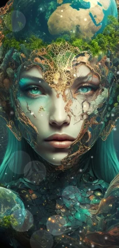 Mystical fantasy wallpaper of an Earth goddess with vibrant teal and green tones.