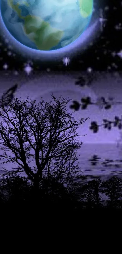 Mystical Earth night scene with tree silhouette and starry sky.