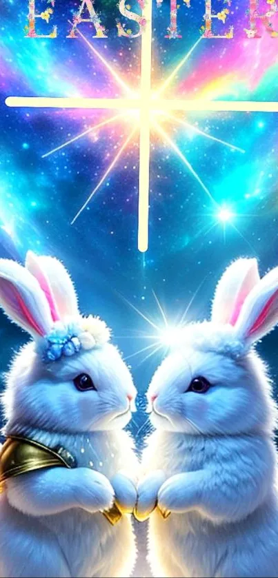 Two white bunnies under a cosmic sky for Easter wallpaper.