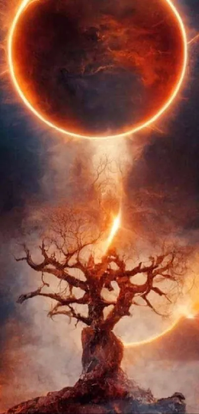 Orange eclipse with fiery tree backdrop, creating a mystical mobile wallpaper.