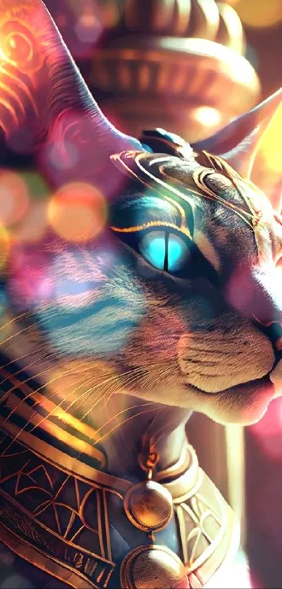 Egyptian themed cat with golden jewelry and blue eyes in mystical setting.