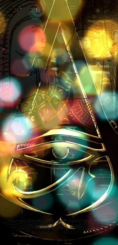 Mystical Egyptian eye mobile wallpaper with vibrant colors and golden accents.