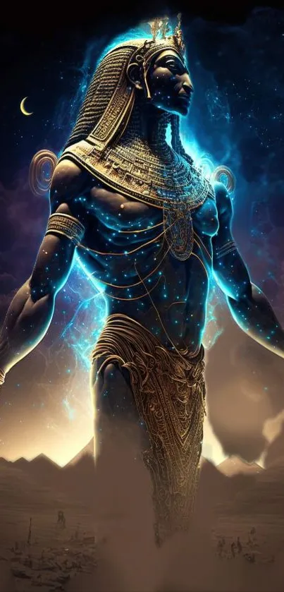 Mystical Egyptian deity with a blue aura standing beneath a crescent moon.