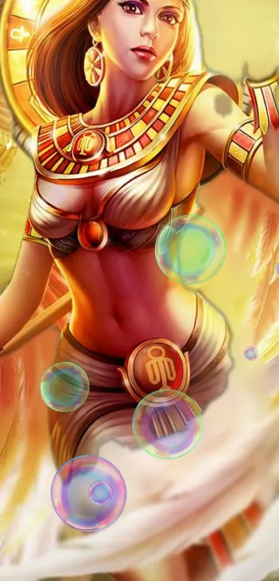 Egyptian goddess in vibrant art with golden tones and fantasy elements.