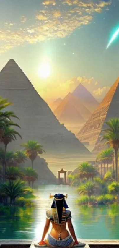 Egyptian landscape with pyramids and oasis.