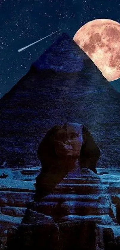 Egyptian pyramid and Sphinx under a full moonlit night sky wallpaper.