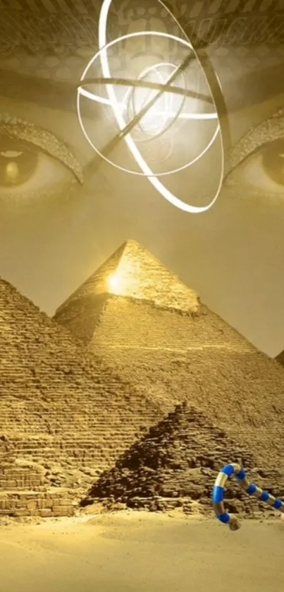 Golden Egyptian pyramids with a mystical Pharaoh's gaze.