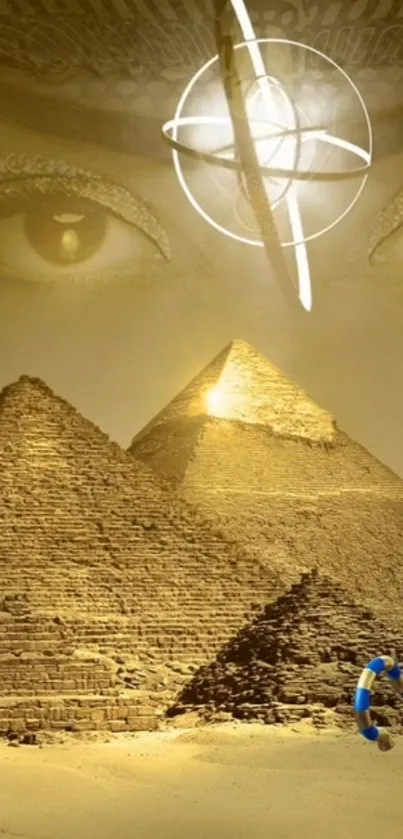 Egyptian pyramids with mystical eyes in background.