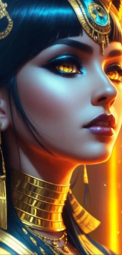 Mystical Egyptian queen with golden accents on mobile wallpaper.