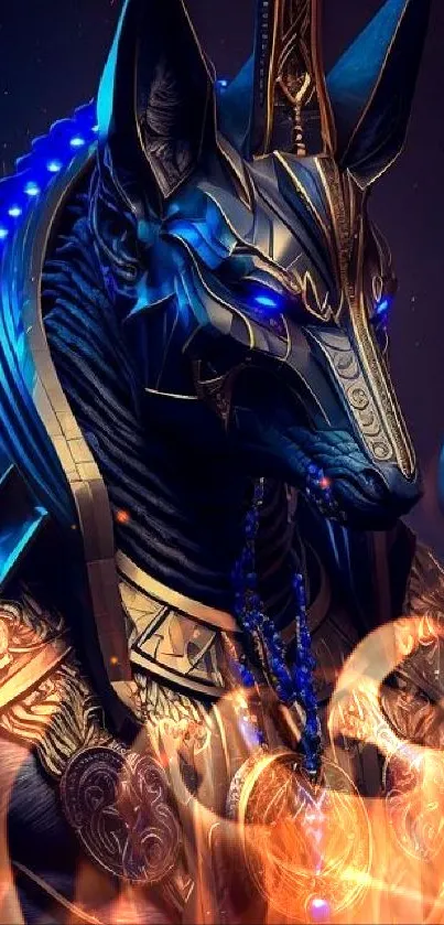 Mystical Egyptian warrior with glowing blue elements.