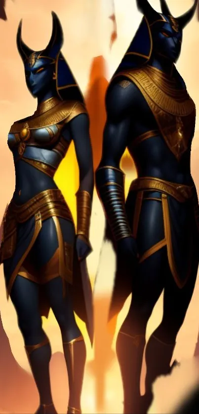 Mystical Egyptian warriors with gold accents on a mobile wallpaper.