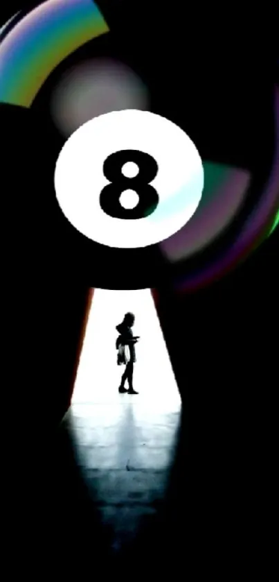 Mobile wallpaper with eight ball and keyhole silhouette. Dominant color is black.