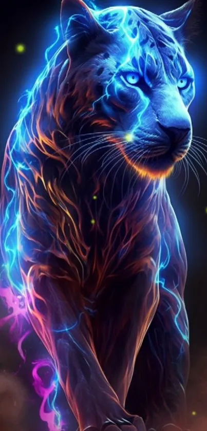 Electric blue leopard with neon glow art wallpaper.