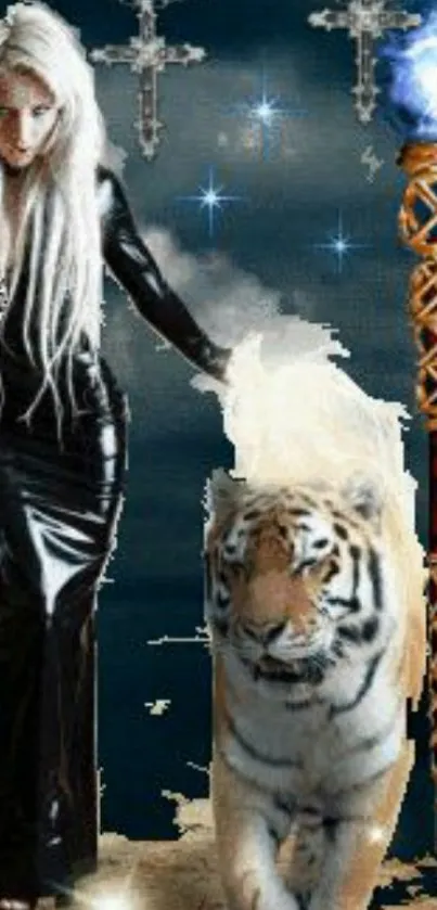 Mystical woman in black with tiger on night sky wallpaper.