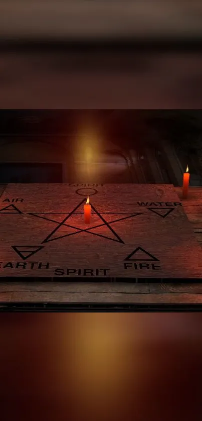 Mystical wooden board with elemental symbols and glowing candles.