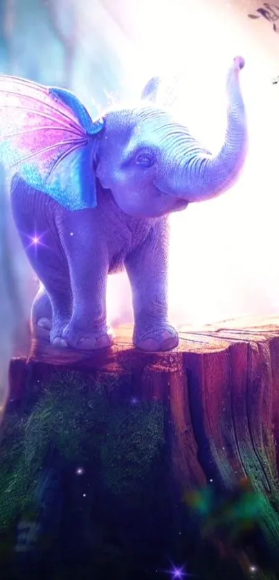 Purple elephant with fairy wings on a tree stump, glowing forest backdrop.