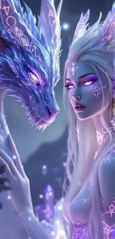 Mystical elf with blue dragon in fantasy art.