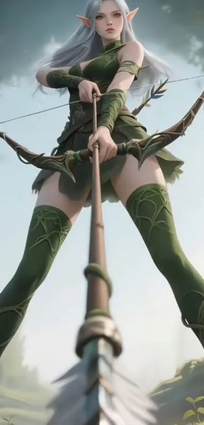 Mystical elf archer poised with bow in forest setting.