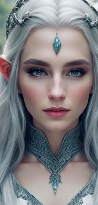 Beautiful fantasy elf with silver hair and detailed costume in a mystical setting.